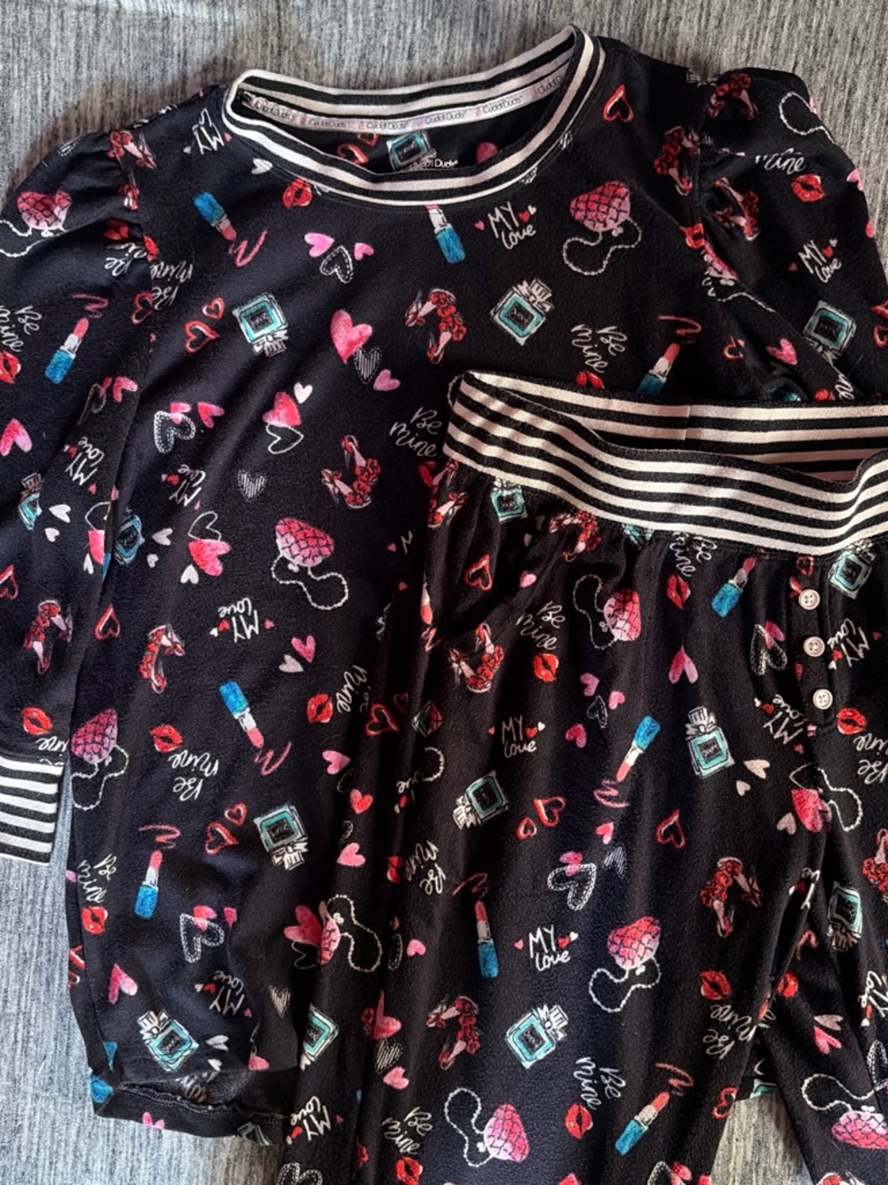 Cuddl Duds Black Striped Waistband Heart Print Kids Bottoms